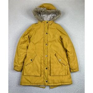 Zara Kids Parka Coat Youth 13-14 Yellow Hooded Faux Fur Trim Winter Insulated